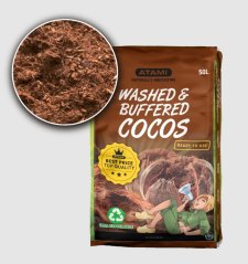 Hnědý balíček Atami Washed & Buffered Cocos 50L s detailem kokosových vláken v kruhovém výřezu, zobrazující texturu substrátu