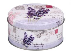 Scatola di latta LAVANDA BIG rotonda con coperchio, fiori di lavanda viola su sfondo chiaro con testi, diametro 10cm altezza 5cm per la casa Scatola di latta LAVANDA BIG rotonda con coperchio, fiori di lavanda viola su sfondo chiaro con testi, diametro 10cm altezza 5cm per la casa