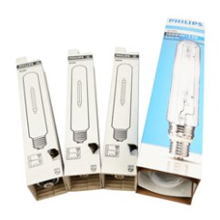 Bombilla Philips Master SON-T PIA Plus 600W para fase de floración - cuatro cajas blancas con ventanas transparentes y una caja azul en el fondo
