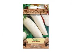 Ambalaj de semințe de ridichi Albaster de la MoravoSeed cu fotografie de rădăcini albe lungi pe fundal verde, soiuri hibride pentru cultivare de vară Ambalaj de semințe de ridichi Albaster de la MoravoSeed cu fotografie de rădăcini albe lungi pe fundal verde, soiuri hibride pentru cultivare de vară