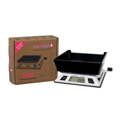 Váha ECO Kinetic Energy miniscale 200g/0,01g bílá s černou miskou, digitálním displejem a hnědou krabicí truweigh na bílém pozadí
