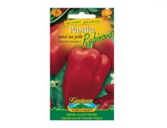 Balíček osiva paprika zeleninová Rubinova sladká s obrázkem červené šťavnaté papriky na zeleném pozadí s žlutým nápisem