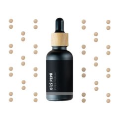Black glass bottle with wooden dropper containing BIO white pepper essential oil, surrounded by a beige dot pattern on white background