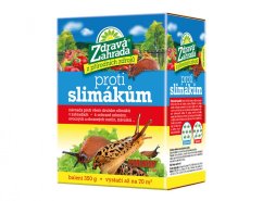 Modrá krabička přípravku proti slimákům Zdravá zahrada 350g s obrázkem slimáka a zeleniny, granulovaná návnada pro ochranu rostlin