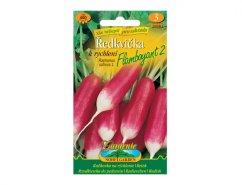 Paquete de semillas de rábano para germinación Flamboyant 2 con imagen de rábanos cilíndricos rojos y blancos en envase verde con texto 400 semillas