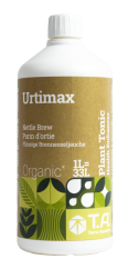 Bílá plastová láhev T.A. Urtimax Nettle Brew 1l s bílým uzávěrem, zlatohnědý štítek s organickým kopřivovým extraktem pro posílení imunity rostlin