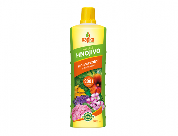 Kapka univerzální tekuté hnojivo 1000ml v žluté plastové láhvi se zeleným štítkem, oranžovým pruhem a barevnými květy na etiketě