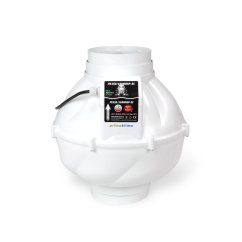 Bílý radiální ventilátor Prima Klima EC Whisperblower Double flange PK150/160 z plastového materiálu s černými informačními štítky a elektrickým kabelem