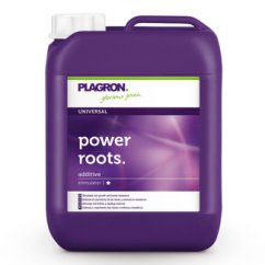 Fialová plastová nádoba Plagron Power Roots 5L s bílým popiskem, organický kořenový stimulátor v kanystrové lahvi s praktickým uchem pro přenášení