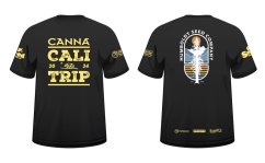 Černé bavlněné tričko CANNA Cali Trip 2024 Humboldt se zlatým nápisem na přední straně a barevným logem cannabis rostliny na zadní straně