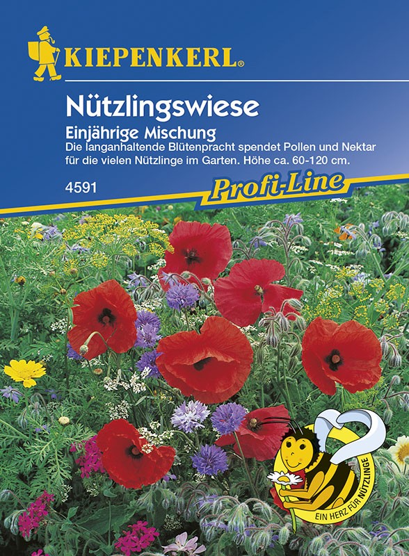 Balení semen květinové louky pro užitečný hmyz Kiepenkerl s červenými máky, fialovými a žlutými kvítky na zelené louce, modré pozadí