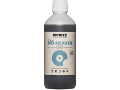 Lahvička BioBizz Bio-Heaven 500ml s bílým uzávěrem a béžovým štítkem, tmavě hnědá plastová nádoba obsahující tekutý rostlinný bio booster s aminokyselinami