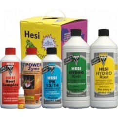 Hesi Start Box Hydro v žluté krabici s pěti lahvičkami hnojiv - červená Root Complex, oranžová Power Zyme, modrá TNT Complex, zelená Hydro Growth a žlutá Hydro Rust