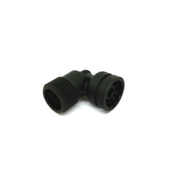 Conector flexible BWT Flex x M 3/8" codo - pieza de conexión angular de plástico verde oscuro con rosca exterior y terminación interior sobre fondo blanco