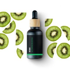 Черно стъклено шише с дървена капачка KIWI ACTINIDIA DELICIOSA есенциален олей, заобиколен от прясно нарязани парченца зелено киви на бял фон Черно стъклено шише с дървена капачка KIWI ACTINIDIA DELICIOSA есенциален олей, заобиколен от прясно нарязани парченца зелено киви на бял фон