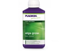 Plastová lahev hnojiva Plagron Alga Grow 250ml s fialovo-zeleným designem, bílým víčkem a nápisem '100% NATURAL alga grow basic nutrient'