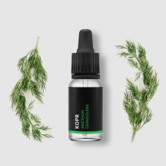 Bottiglia di vetro nero con contagocce contenente olio essenziale BIO di Aneto, circondato da rametti freschi di aneto su sfondo bianco Bottiglia di vetro nero con contagocce contenente olio essenziale BIO di Aneto, circondato da rametti freschi di aneto su sfondo bianco