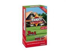 Ranger 250ml herbicid v červeno-zelené papírové krabičce s obrázkem domu a zeleného trávníku pro hubení dvouděložných plevelů
