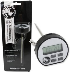 Termómetro digital Rhinowares en paquete de blíster negro con información del producto y termómetro independiente con diseño redondo y sonda metálica