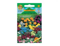 Samenpackung Balkonblumen Mix von NobleGarden mit farbenfrohem Etikett, das bunte Blumenmischung in orange, gelb, rosa und blau zeigt