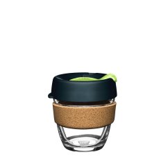 KeepCup Brew Cork Deep S 227 ml - umweltfreundliche Glasbecher mit dunkelgrünem Deckel, Korkband und transparentem Boden zum Wiederverwenden