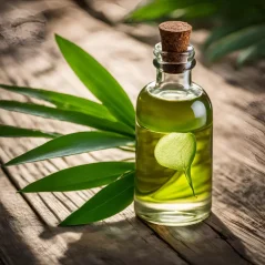 Bottiglia di vetro con olio essenziale di palmarosa dorato con tappo in sughero, posizionata su base di legno tra foglie verdi Bottiglia di vetro con olio essenziale di palmarosa dorato con tappo in sughero, posizionata su base di legno tra foglie verdi