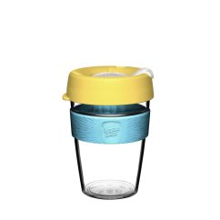 KeepCup Original Clear Sunlight M 340 ml - przezroczysty szklany kubek z żółtą pokrywką i niebieskim silikonowym uchwytem do bezpiecznego trzymania KeepCup Original Clear Sunlight M 340 ml - przezroczysty szklany kubek z żółtą pokrywką i niebieskim silikonowym uchwytem do bezpiecznego trzymania