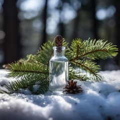 Sticlă de sticlă transparentă cu dop de plută, amplasată în zăpadă între ramuri de brad verzi cu mici conuri maro într-o atmosferă de iarnă