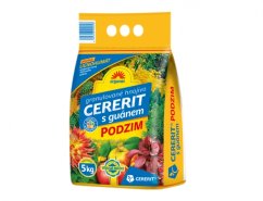 Oranžovo-modrý plastový sáček s granulovaným hnojivem Cererit s guánem Podzim 5kg, na obalu barevné obrázky květin a zeleniny