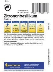 Tylna strona opakowania nasion bazylii cytrynowej ze szczegółowymi instrukcjami uprawy, tabelą siewu i informacjami o produkcie marki Kiepenkerl