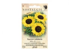 Sunflower annual Nostalgie seed package with illustration of three yellow sunflowers with dark centers on beige package with text and 25 pcs weight Sunflower annual Nostalgie seed package with illustration of three yellow sunflowers with dark centers on beige package with text and 25 pcs weight