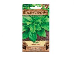 Paquete de semillas de espinaca Winterriesen de Moravoseed con fotografía de hojas verdes de espinaca, sobre marrón con inscripción y contenido de 250 semillas
