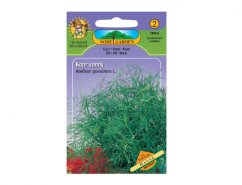 Pachet de semințe de mărar Noble Garden cu ambalaj violet, ilustrație verde de frunze fine de mărar și etichetă portocalie cu numărul de semințe