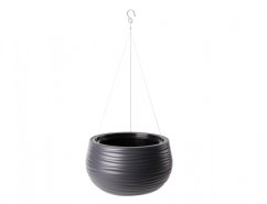 Závěsný obal na květník SAHARA BALL z antracitového plastu s drážkovaným povrchem, průměr 30cm, výška 20cm, s kovovým závěsem na bílém pozadí