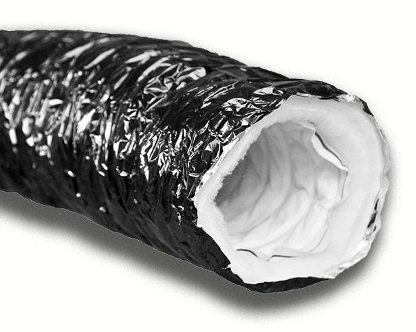 Zvukotěsné ventilační potrubí Phonic trap 152mm průřez z černé fólie s bílou izolační vatou uvnitř, detail řezu ukazující tlumící materiál