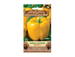 Garnet F1 pepper seeds package for forcing from MoravaSeed with photo of yellow ripe pepper on orange-green packaging with hybrid label