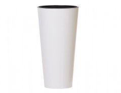 Bílý matný plastový obal na květník TUBUS SLIM ve tvaru vysokého válce s černým vnitřním okrajem, průměr 30 cm a výška 57 cm pro interiér