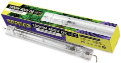 Bombilla Lumatek 1000W 400V DE HPS con tubo transparente y contactos metálicos junto a un empaque amarillo-violeta con inscripción 1000W 400V DE HPS para cultivo Bombilla Lumatek 1000W 400V DE HPS con tubo transparente y contactos metálicos junto a un empaque amarillo-violeta con inscripción 1000W 400V DE HPS para cultivo