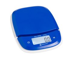 Modrá digitální kuchyňská váha On Balance Fold-a-bowl Scale s LCD displejem zobrazujícím 0.0g, kapacita 2000g s přesností 0,1g