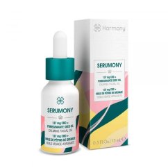 Harmony Serumony CBD pleťový olej 137 mg v bílé skleněné lahvičce s kapátkem a zeleným uzávěrem, vedle barevné krabičky 15 ml Harmony Serumony CBD pleťový olej 137 mg v bílé skleněné lahvičce s kapátkem a zeleným uzávěrem, vedle barevné krabičky 15 ml