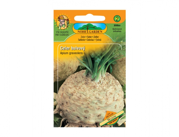 Balení semen celeru bulvového Maxim v oranžovém obalu s fotografií bílé kulovité bulvy celeru se zelenými listy na hnědé půdě