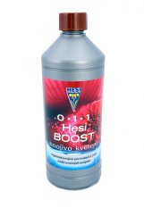 Plastová láhev Hesi Boost 1L s červeno-modrým designem a hnědým uzávěrem, organické hnojivo pro květení a zrání rostlin s ovocnými enzymy