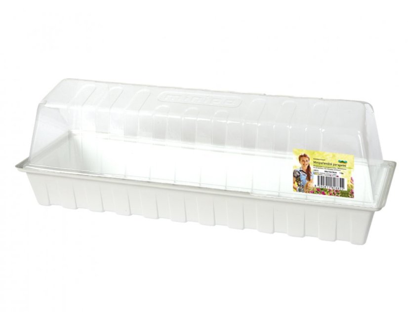 Bílé plastové minipařeniště parapetní 44x15x10cm s průhledným víkem a drenážními otvory ve spodní části pro pěstování sazenic