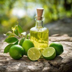 Glasflasche mit gelbgrünem Limetten-Ätherischen Öl und Korkverschluss neben ganzen und halbierte Limetten auf Holzbrett Glasflasche mit gelbgrünem Limetten-Ätherischen Öl und Korkverschluss neben ganzen und halbierte Limetten auf Holzbrett