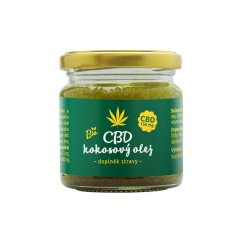 Kokosowy olej CBD w małym słoiczku ze złotą nakrętką i zieloną etykietą, zawiera 150 mg CBD, jakość bio, pojemność 30ml