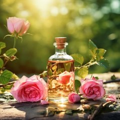 Glazen fles met kurken dop gevuld met goudachtige olie tussen verse roze rozen en groene bladeren in de tuin