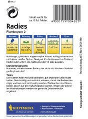 Back of Flamboyant 2 radish seeds package with growing instructions, white background, and information about planting and harvesting