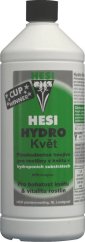 Bílá plastová lahev Hesi Hydro Květ 1l s černým uzávěrem, zelený štítek s logem a popisem hydroponického hnojiva pro květovou fázi rostlin