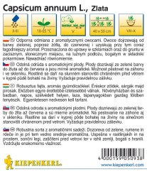 Detailed growing information for Zlata pepper with growth condition icons and multilingual description of aromatic fruits on white background