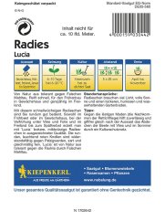 Back of Lucia radish seed pack with detailed cultivation instructions, sowing and harvest table on white background with logo Back of Lucia radish seed pack with detailed cultivation instructions, sowing and harvest table on white background with logo